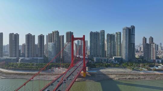 航拍晴天的武汉鹦鹉洲长江大桥视频素材模板下载