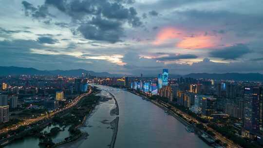 航拍福建福州晚霞延时闽江两岸延时