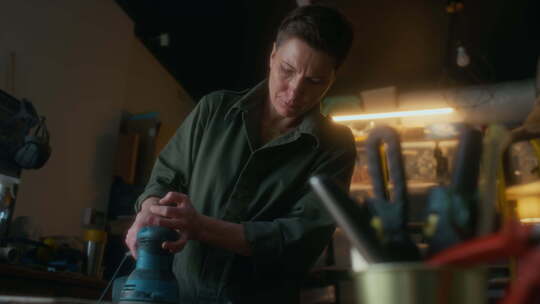 中年女工匠用砂光机抛光木制框架