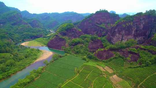 航拍武夷山九曲溪竹筏漂流丹霞地貌岩茶茶园