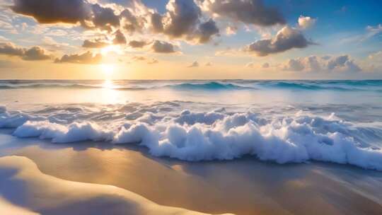 海边日落海浪拍打沙滩