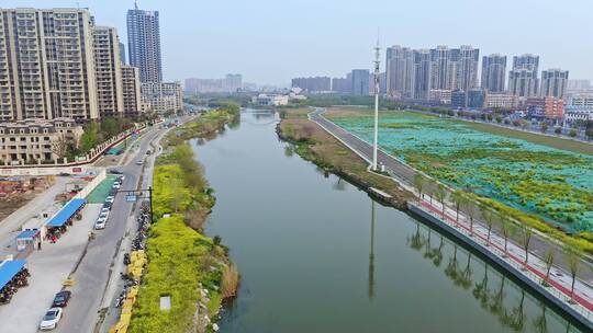 航拍江苏盐串场河自然风景与城市建筑风光