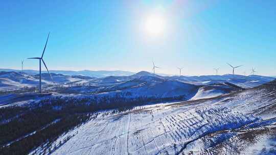 冬季承德丰宁坝上风电蓝天白云雪景航拍