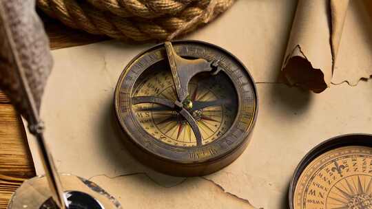 柔和灯光下旧世界地图上的古董航海圆规视频素材模板下载
