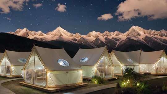 雪山下的户外露营帐篷