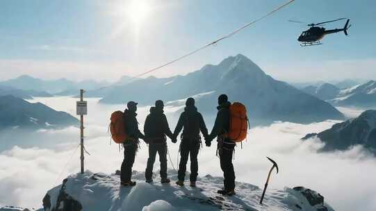 登山者山顶牵手雪山直升机场景