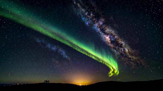 夜空中的绿色极光与繁星