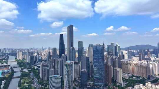 4K航拍广州珠江新城蓝天白云空镜视频素材模板下载