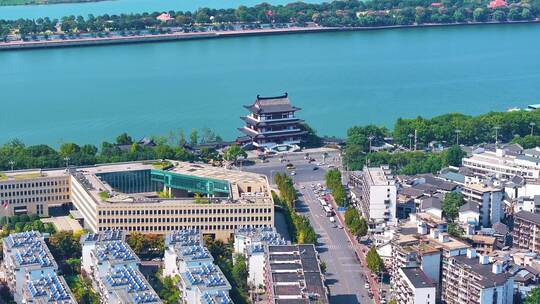 湖南长沙湘江杜甫江阁茶馆航拍城市地标风景