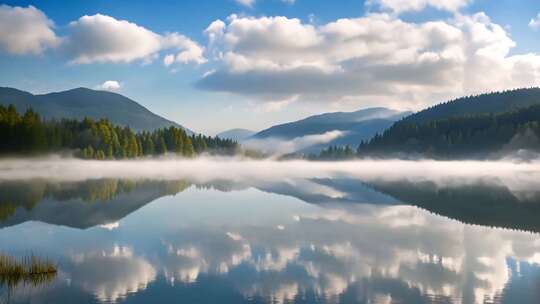 山间湖泊森林晨雾美景