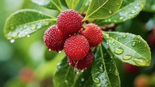 枝头带水珠的新鲜杨梅