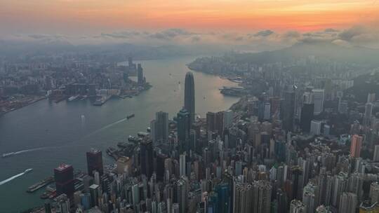 航拍香港城市日出-云海延时