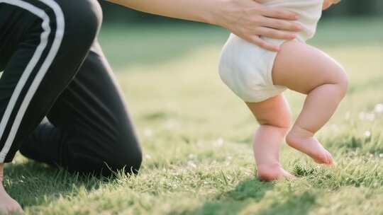 母亲辅助婴儿草地学步