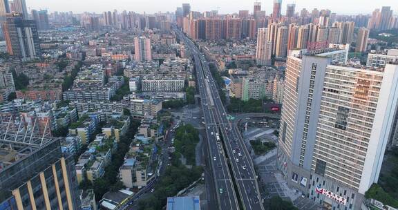 航拍中国成都二环路汽车交通城市天际线