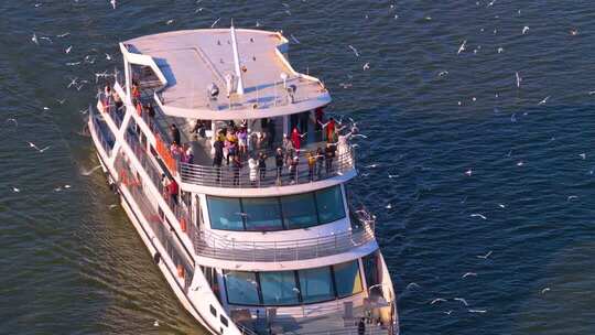 航拍滇池游船与海鸥