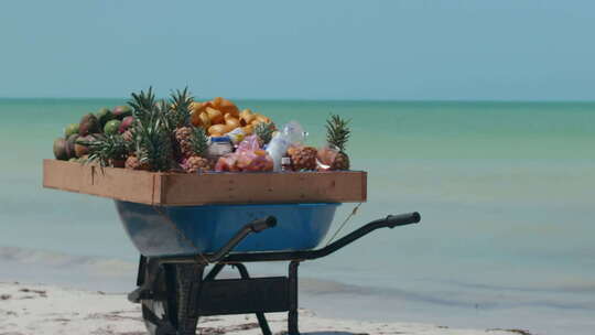 墨西哥尤卡坦半岛霍尔博克斯岛海滩上的一辆水果车