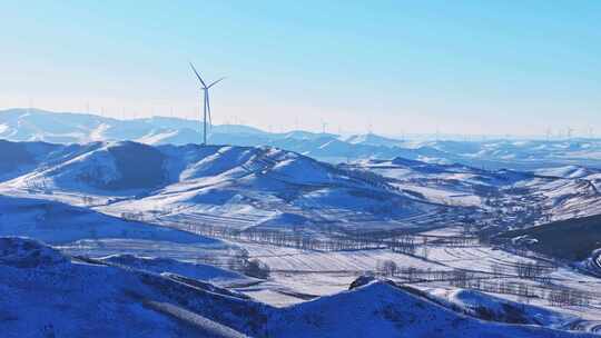 冬季承德丰宁坝上风电蓝天白云雪景航拍