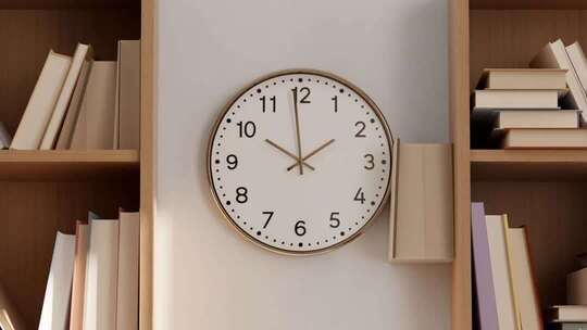 书架旁挂钟特写素材