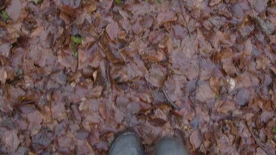 视角拍摄低头看着脚走在森林里