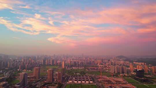 杭州滨江日落天空晚霞风景航拍