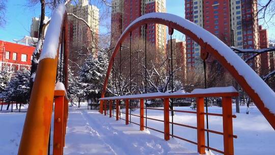 冬天公园老树小河雪景