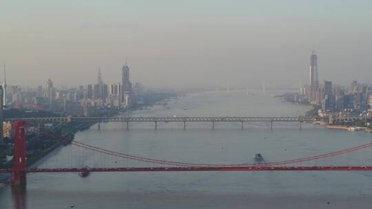江滩航拍鹦鹉洲大桥长江大桥绿地606大厦视频素材模板下载