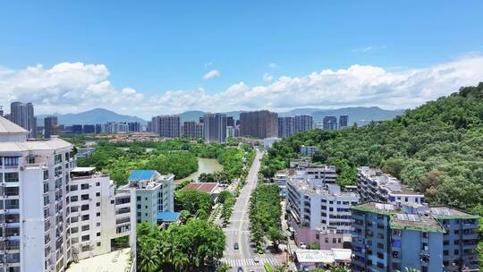 航拍海南三亚河岸城市风光