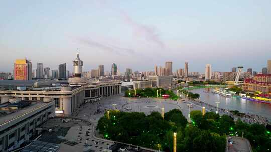 天津站津湾广场海河城市风光夜景航拍