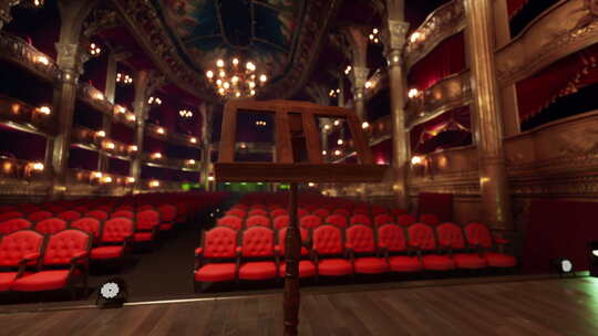 一个有红色座位和吊灯的空剧院