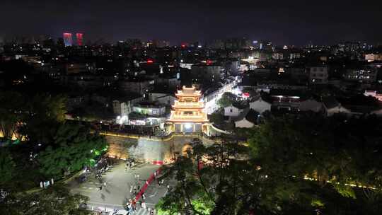 广东潮州古城下水门城楼夜景灯光航拍