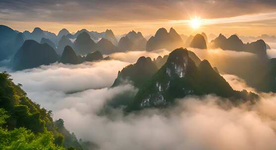 桂林山水合集山峰云海群山云雾缭绕自然风景