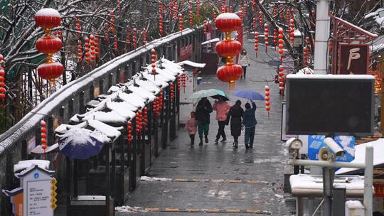 慢镜头升格摄影城市冬天雪景红灯笼道路人流