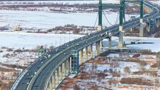 中国黑龙江哈尔滨阳明滩大桥雪景航拍