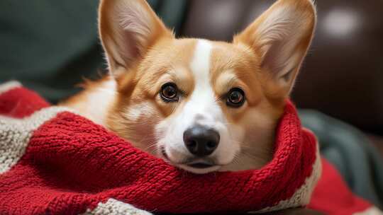 可爱柯基犬裹着红色围巾温暖治愈