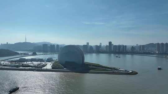 珠海日月贝航拍珠海大剧院地标城市建筑风光