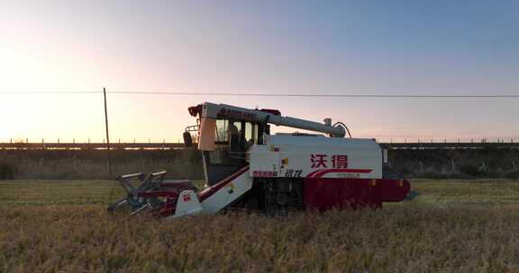 夕阳下收割机在水稻田收割稻谷航拍