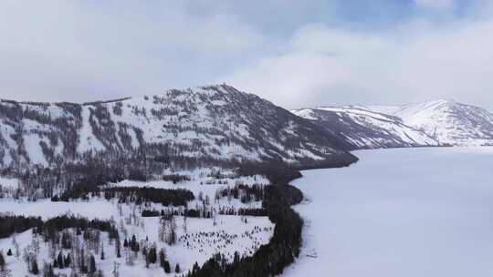 冬季喀纳斯河流晨雾雪山森林冰河观鱼台雪景