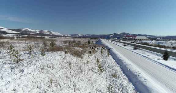 航拍内蒙古大兴安岭冬季冰雪道路