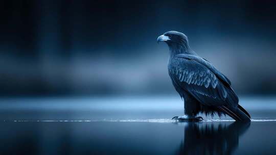 蓝色调雄鹰伫立水面尽显王者风范