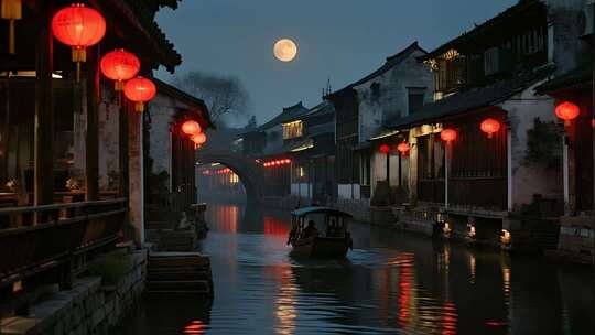 中秋国庆古镇夜景灯笼唯美风视频