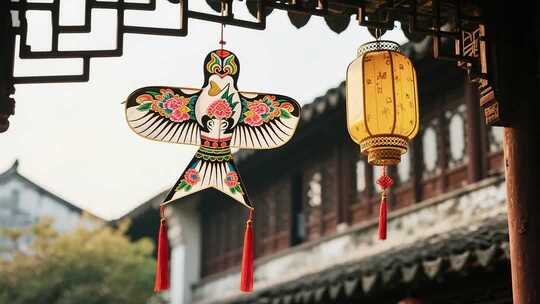 古建筑下悬挂的风筝与灯笼