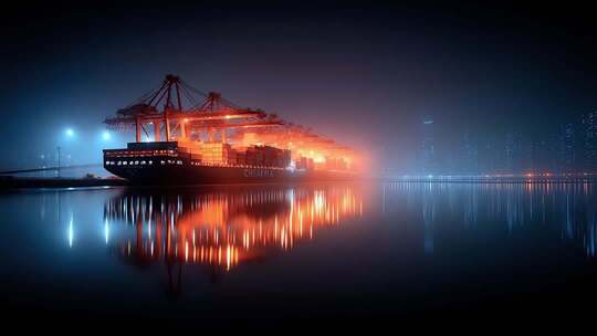 夜色中繁忙的港口货运集装箱船