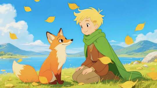 男孩与狐狸对视动画素材