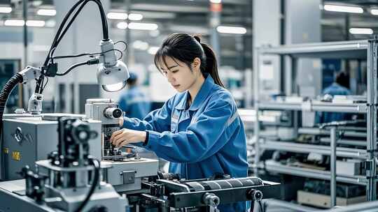 女工在车间操作工业机械