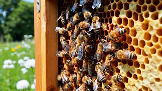 蜂巢上忙碌的蜜蜂特写