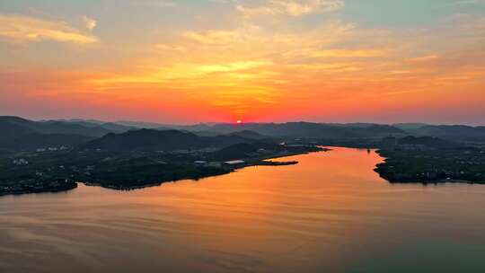 大自然水库湖泊 日出夕阳航拍