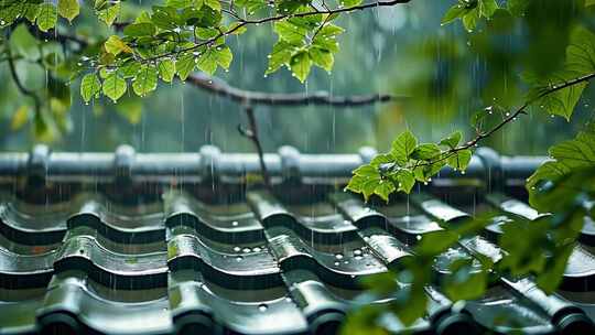 4K阴雨天屋顶瓦片春天树叶特写