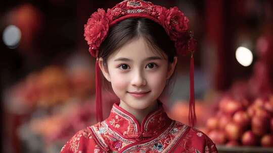 身着中式礼服的可爱女孩新年祝福