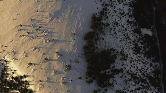 鸟眼航空拍摄的白雪覆盖的高原，揭示了风力涡轮机。初冬的黄金时刻