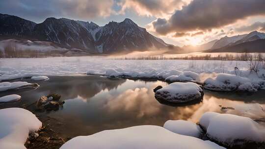 雪山下的冬日湖泊风景